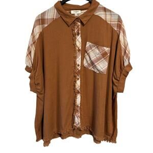 Umgee camel plaid linen top with unfinished frayed hem, front & back size medium